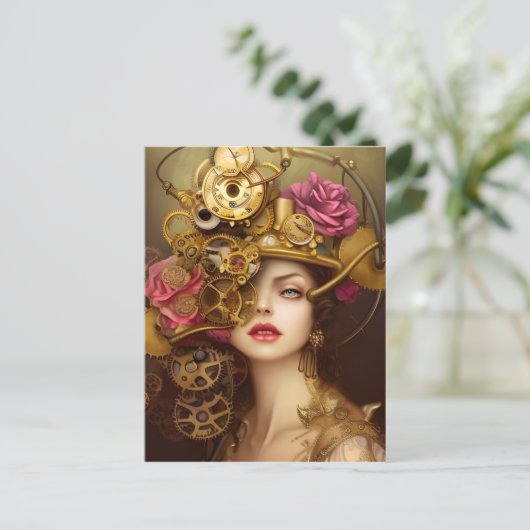 ゴールデン美しいスチームパンクデジタルアート ポストカード (スタンド正面)