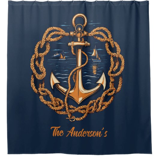 ゴールデン航海のシップいかり シャワーカーテン (正面)