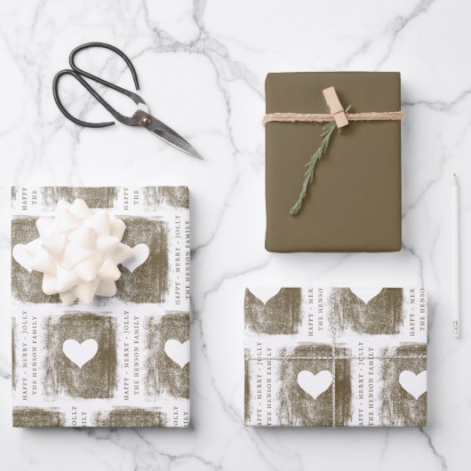 ゴールデン芸術的ハートスケッチファミリークリスマス ラッピングペーパーシート (正面)