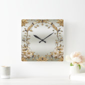 ゴールデン華美ホワイトフラワーウォールクロック スクエア壁時計 (ホーム)