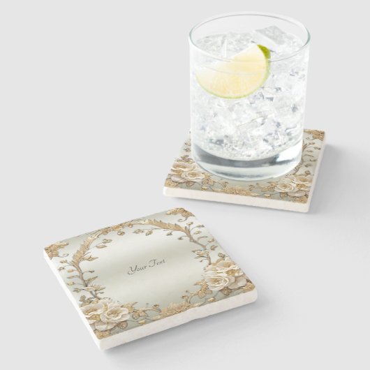 ゴールデン華美ホワイトフラワーズストーンコースター ストーンコースター (横)