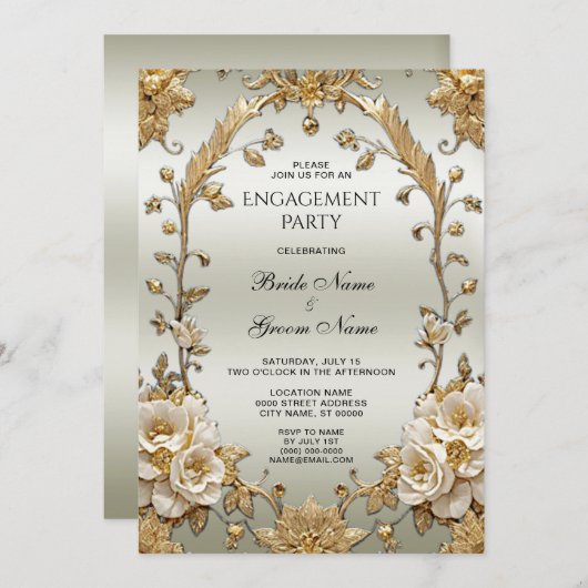 ゴールデン華美ホワイトフラワーズ婚約 招待状 (正面/裏面)