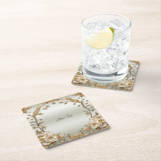 ゴールデン華美ホワイトフラワーズ紙コースター スクエアペーパーコースター (インサイチュ)