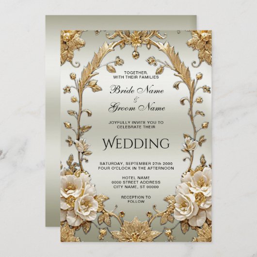 ゴールデン華美ホワイトフラワーズ結婚式招待状 招待状 (正面/裏面)