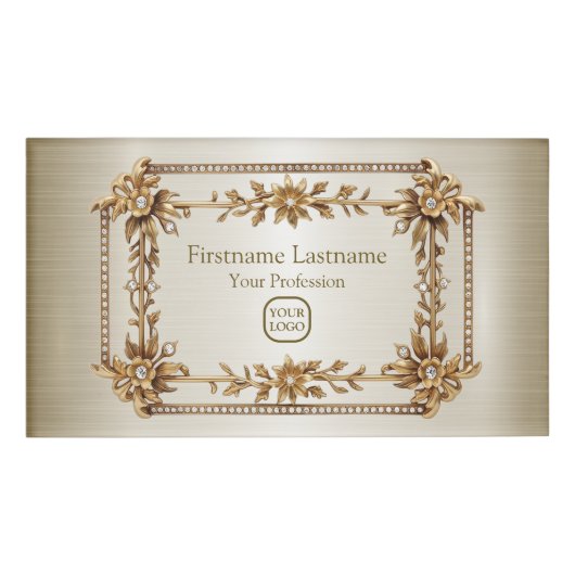 ゴールデン華美長方形ディモンド花シャイニー 名札 (正面)