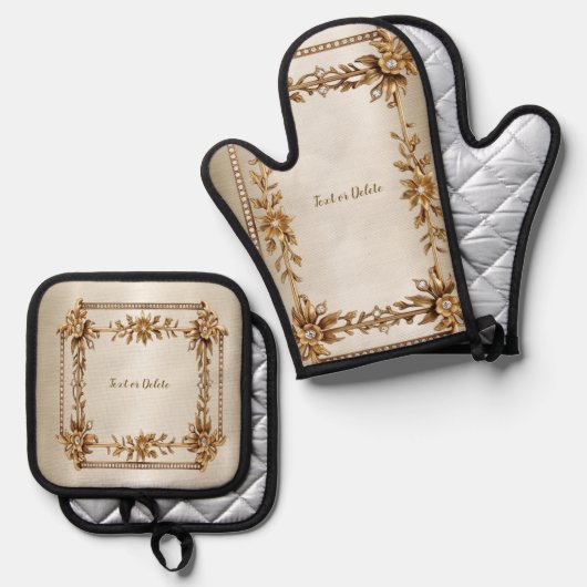 ゴールデン華美長方形ディモンド花シャイニー 鍋つかみ&鍋敷きセット (正面/裏面)