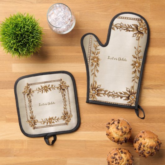 ゴールデン華美長方形ディモンド花シャイニー 鍋つかみ&鍋敷きセット (トップダウン)