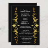 ゴールデン葉フレームブラック金ゴールド結婚式招待状 招待状 (正面/裏面)