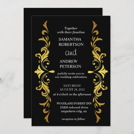 ゴールデン葉フレームブラック金ゴールド結婚式招待状 招待状 (正面/裏面)