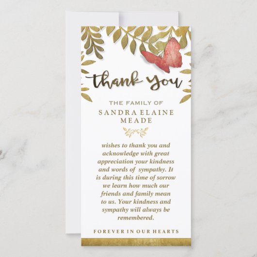 ゴールデン葉フローラバタフライサンキューユー悔やみや弔慰 サンキューカード (正面)