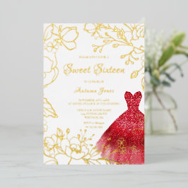 ゴールデン葉レッドドレススウィート16パーティー金ゴールド 箔招待状