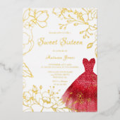 ゴールデン葉レッドドレススウィート16パーティー金ゴールド 箔招待状 (正面)