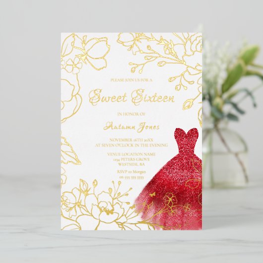ゴールデン葉レッドドレススウィート16パーティー金ゴールド 箔招待状 (立ち正面)