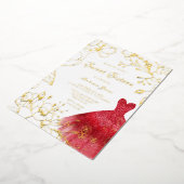 ゴールデン葉レッドドレススウィート16パーティー金ゴールド 箔招待状 (回転した状態)