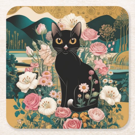 ゴールデン装飾グスタフクリムトスタイルブラックキャットアート スクエアペーパーコースター (正面)