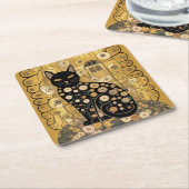 ゴールデン装飾グスタフクリムトスタイルブラックキャットアート スクエアペーパーコースター (アングル)