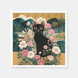 ゴールデン装飾グスタフクリムトスタイルブラックキャットアート スタンダードカクテルナプキン