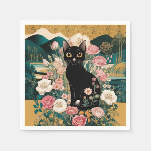 ゴールデン装飾グスタフクリムトスタイルブラックキャットアート スタンダードカクテルナプキン (正面)
