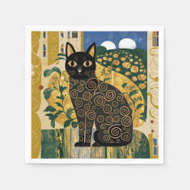 ゴールデン装飾グスタフクリムトスタイルブラックキャットアート スタンダードカクテルナプキン