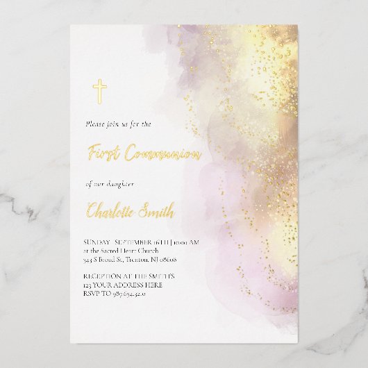 ゴールデン詳細ファーストコミュニオン 箔招待状 (正面)