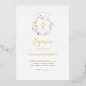 ゴールデン詳細ワイルドフラワーズリースバプテスマ 箔招待状 (正面)