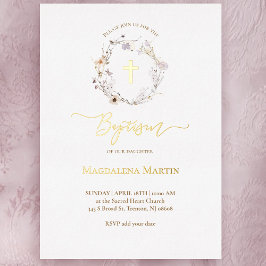 ゴールデン詳細ワイルドフラワーズリースバプテスマ 箔招待状