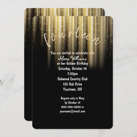 ゴールデン誕生日サンビームとグリッター 招待状 (正面/裏面)