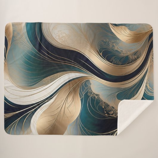 ゴールデン調和-ティール(緑がかった色)と金ゴールド抽象芸術 シェルパブランケット (正面(横))