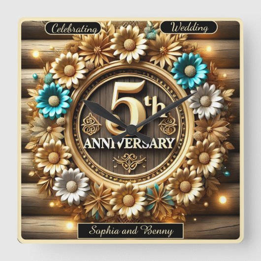 ゴールデン調和:5周年記念フローラ スクエア壁時計 (正面)