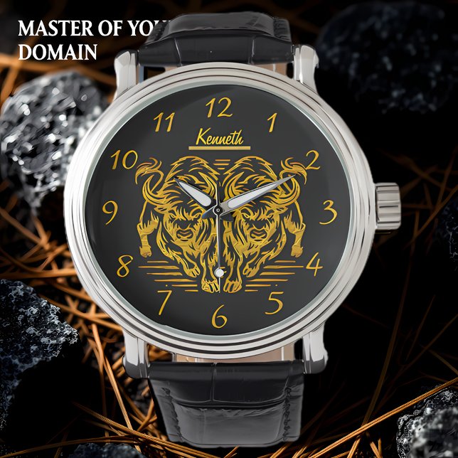 ゴールデン走バイソンの夕日の平野を横切る 腕時計 (クリエイターアップロード済み)