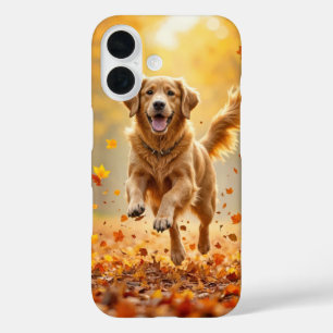 ゴールデン走レトリバーの秋の森 iPhone 16ケース