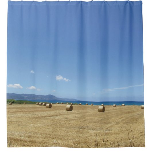 ゴールデン転がオブヘイと深いブルーシーデザイン シャワーカーテン (正面)