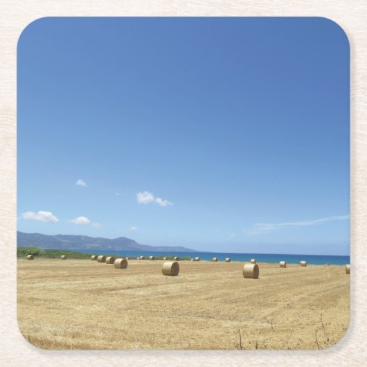 ゴールデン転がオブヘイと深いブルーシーデザイン スクエアペーパーコースター (正面)