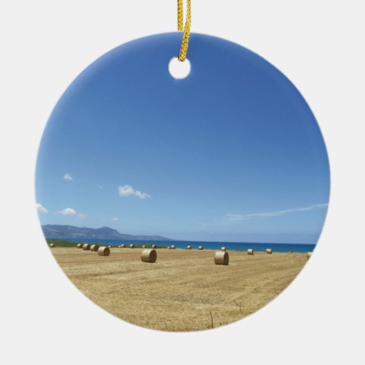 ゴールデン転がオブヘイと深いブルーシーデザイン セラミックオーナメント (正面)