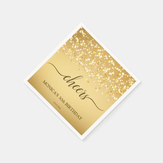 ゴールデン金ゴールドのパーソナライズされた誕生日パーティー スタンダードカクテルナプキン (角)