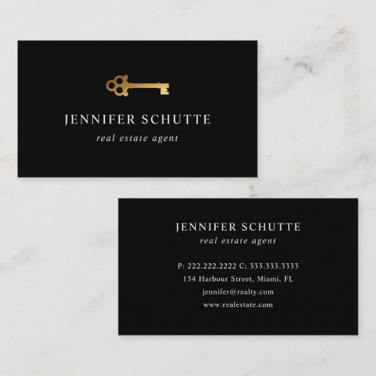 ゴールデン鍵ラグジュアリーブラック&金ゴールド実在エステートエージェント 名刺 (正面/裏面)