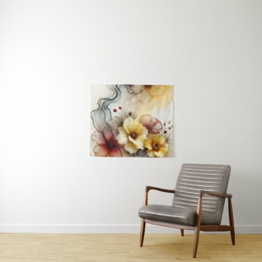 "ゴールデン開花エレガンス:抽象芸術フローラセレニティ" タペストリー (インサイチュ(横))