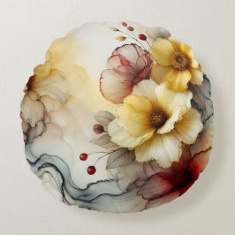 "ゴールデン開花エレガンス:抽象芸術フローラセレニティ" ラウンドクッション