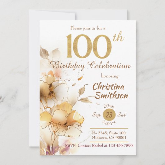 ゴールデン開花エレガントフローラモダン100誕生日 招待状 (正面)