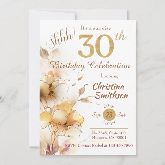 ゴールデン開花フローラエレガントサプライズ30th誕生日 招待状 (正面)