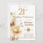ゴールデン開花-エレガントフローラモダン21歳の誕生日 招待状 (正面)