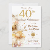 ゴールデン開花-エレガントフローラモダン40歳の誕生日 招待状 (正面)