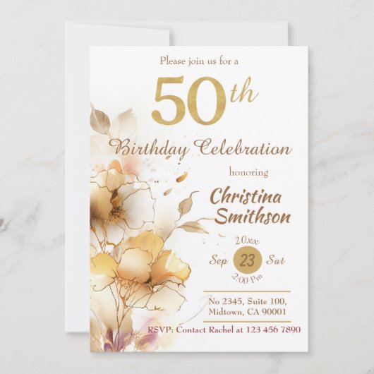 ゴールデン開花-エレガントフローラモダン50th誕生日 招待状 (正面)