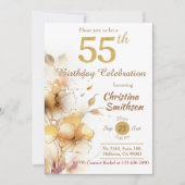 ゴールデン開花-エレガントフローラモダン55th誕生日 招待状 (正面)