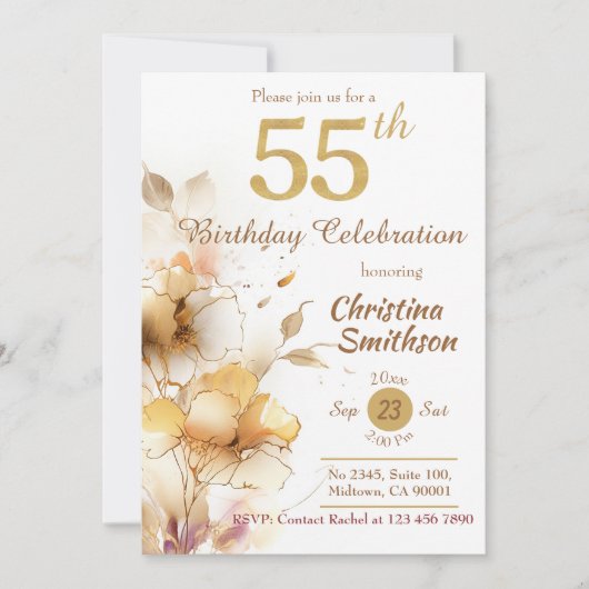 ゴールデン開花-エレガントフローラモダン55th誕生日 招待状 (正面)