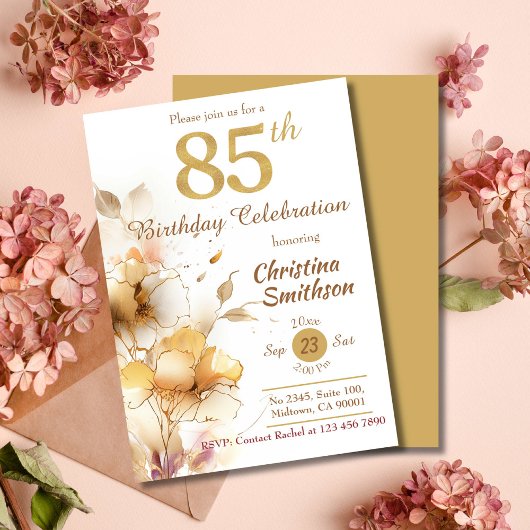 ゴールデン開花-エレガントフローラモダン85th誕生日 招待状