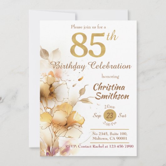 ゴールデン開花-エレガントフローラモダン85th誕生日 招待状 (正面)