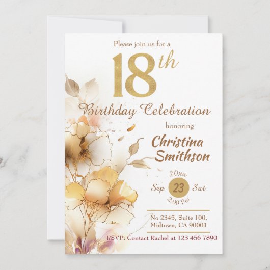 ゴールデン開花-エレガントフローラ18誕生日 招待状 (正面)