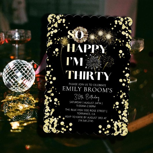 ゴールデン30歳の誕生日スパークリーエレガントブラック 招待状