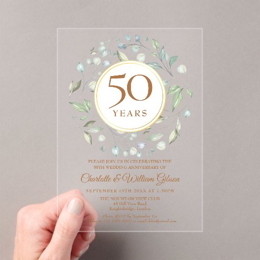 ゴールデン50周年結婚記念日 ローレルグリーン アクリル招待状 (インサイチュ (ポータブル))